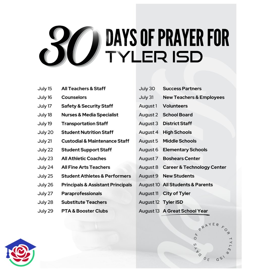 Tyler ISD Foundation (@tisdfoundation) on Twitter photo Tyler Community, please join us for the next 30 days, starting today, as we pray intentionally for
<a href="/TylerISD/">Tyler ISD 🏛</a> ❤️🙏 Day #1: All Teachers & Staff Tyler Community, please join us for the next 30 days, starting today, as we pray intentionally for
<a href="/TylerISD/">Tyler ISD 🏛</a> ❤️🙏 Day #1: All Teachers & Staff