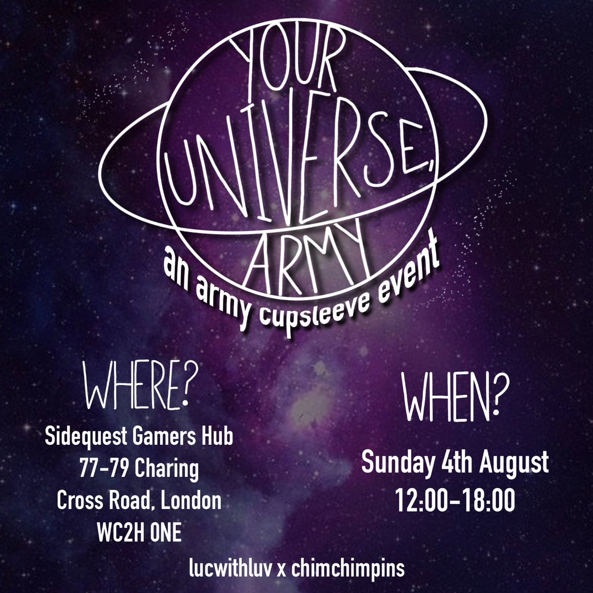chimchimpins's tweet photo. UK ARMY 🌌

Come and join us for our BTS cupsleeve event on August 4th in London @SideQuest_Hub! Lots more info below!! ☺️

Pls retweet this thread or share with your London ARMY pals 🫶🏽 https://t.co/OouanfcAQI