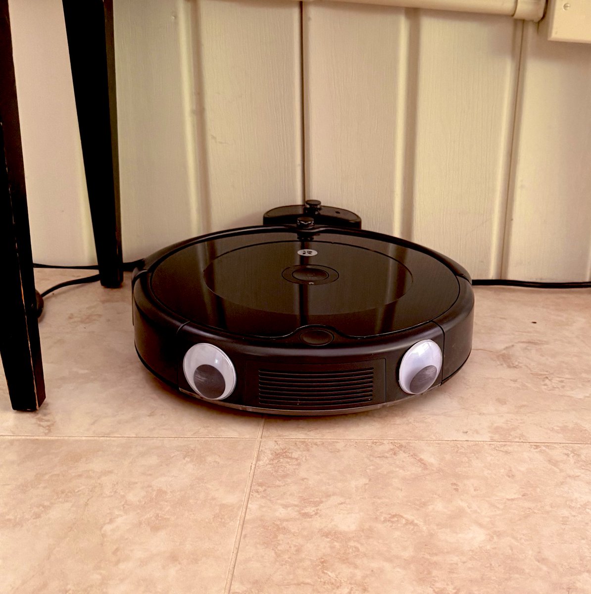 sherrod_im's tweet photo. I bought my dad a Roomba and told him in a very serious tone that the included googly eyes help it sense dirt better. He applied them as instructed. 👀 https://t.co/wgzpCiAQn8