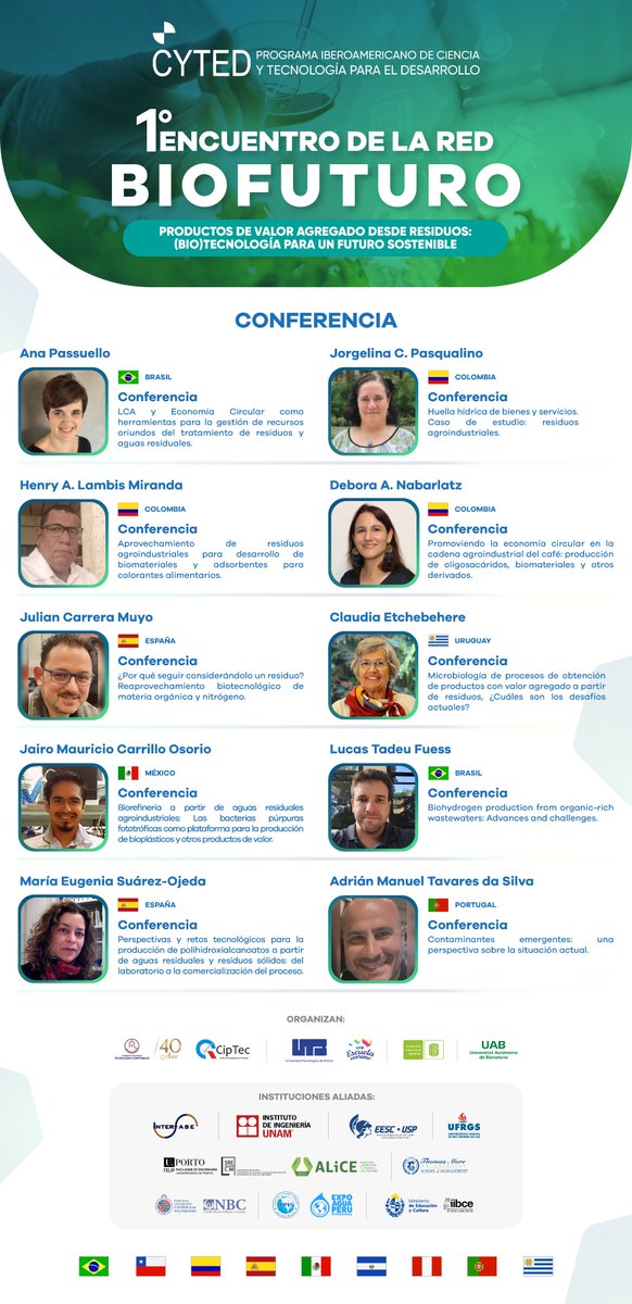 El 17 de julio <a href="/ClaudiaEtchebe1/">Claudia Etchebehere</a> nos estará representando con su disertación en el primer encuentro híbrido del <a href="/Programa_CYTED/">Programa CYTED</a> sobre "#BioFuturo: Productos de Valor Agregado desde Residuos para un Futuro Sostenible"
Se podrá seguir en forma virtual 🙂🔋
👉cyted.org/conteudo.php?i…