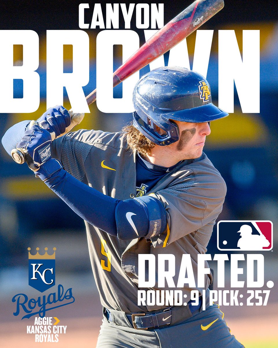 With the 257th pick of the 2024 <a href="/MLB/">MLB</a> draft, the <a href="/Royals/">Kansas City Royals</a> select Canyon Brown of <a href="/NCAT_Baseball/">𝓓𝓲𝓪𝓶𝓸𝓷𝓭 𝓐𝓰𝓰𝓲𝓮𝓼</a> ‼️‼️‼️ Congratulations, <a href="/CanyonBBaseball/">Canyon Brown</a>!!! 💙💛 #AggiePride 💙💛
