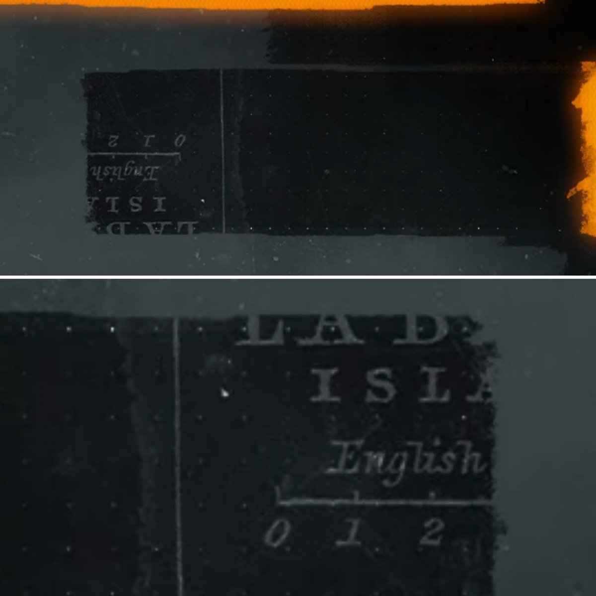 KillerStidge's tweet image. In the #CODPOD #BlackOps6 #BO6 screens we could see written upside down and in reverse the text corrected reads: LA D? ISLA (assumed ISLAND) underlined English &amp;amp; the numbers 0 1 2!
 What Island could this be ?