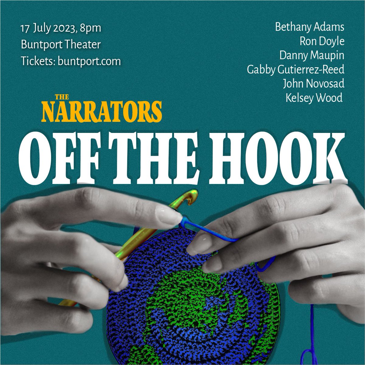 THIS WEDNESDAY! We have a fetching lineup of folks telling true stories on the theme OFF THE HOOK. See you at @Buntport, 8pm!