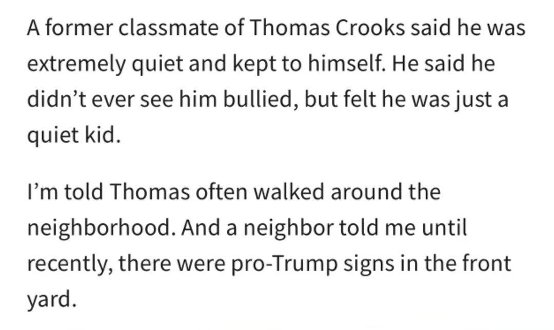 MeidasTouch's tweet photo. BREAKING WPXI LOCAL PITTSBURGH NEWS: A neighbor said that until recently, the Trump shooter Thomas Matthew Crooks had PRO-TRUMP SIGNS in his front yard. https://t.co/Fbu2kPGzKj