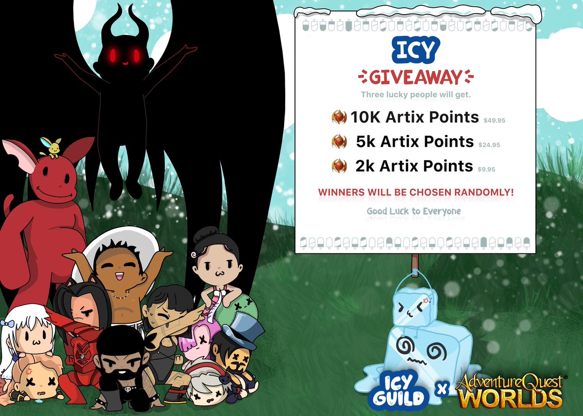 We’re so excited to announce our first guild giveaway out to the public! 

To enter: 

🧊follow
🧊like
🧊repost

Winners will be announced in 1 month on the 16th of August. (Randomly chosen).

#Icyguild #IcyAQW

 Thank you to Antalya for the amazing art.