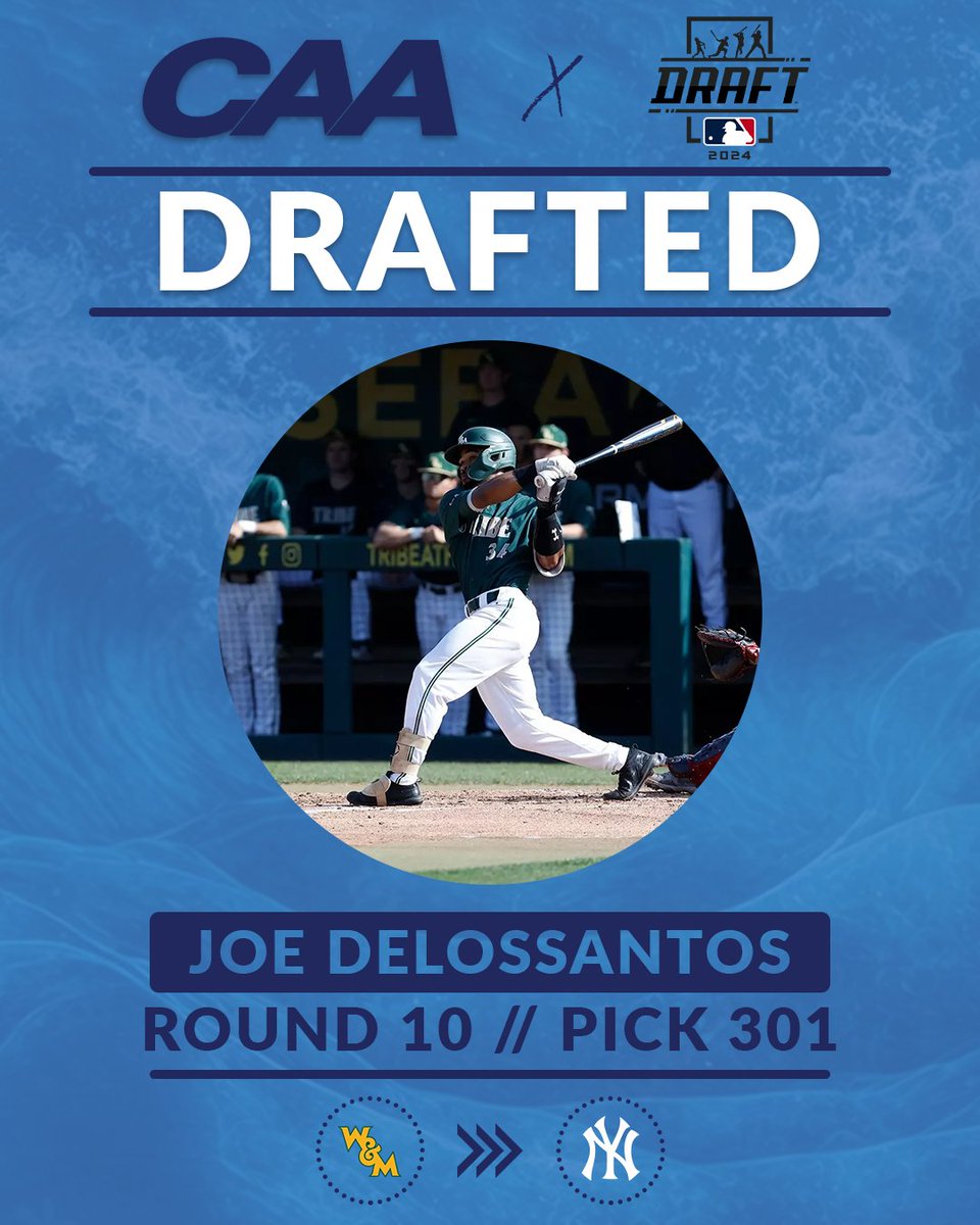 Coastal Athletic Association (@caasports) on Twitter photo ⚾️ A third pick of the afternoon for <a href="/WMTribeBaseball/">William & Mary Tribe Baseball</a>!
Joe Delossantos has been selected in the 10th round of the #MLBDraft by the <a href="/Yankees/">New York Yankees</a>!
#CAABaseball ⚾️ A third pick of the afternoon for <a href="/WMTribeBaseball/">William & Mary Tribe Baseball</a>!
Joe Delossantos has been selected in the 10th round of the #MLBDraft by the <a href="/Yankees/">New York Yankees</a>!
#CAABaseball