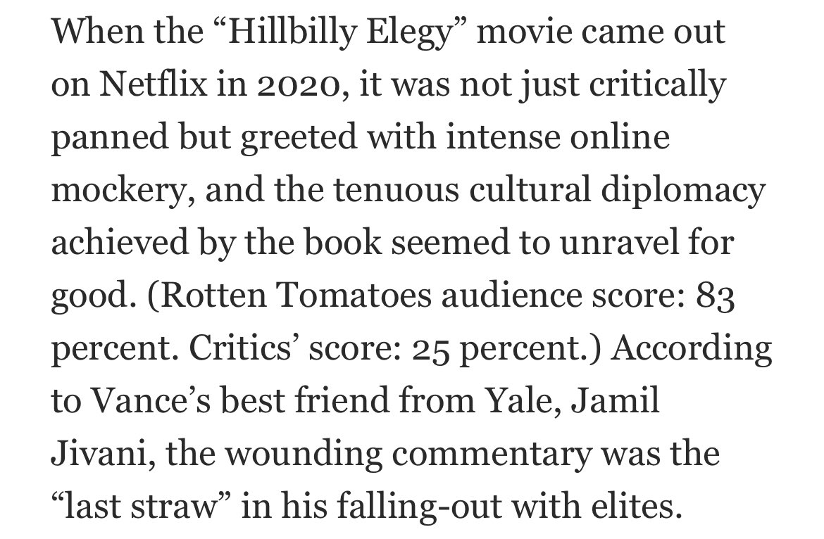 mehdirhasan's tweet image. Don’t know whether to laugh or cry: apparently one of the reasons Vance radicalized and went from moderate Never Trumper to insane MAGA Trumper is because the Netflix movie of his book got panned by liberal movie critics. 
It was the “last straw”, according to a friend. 
Amazing.