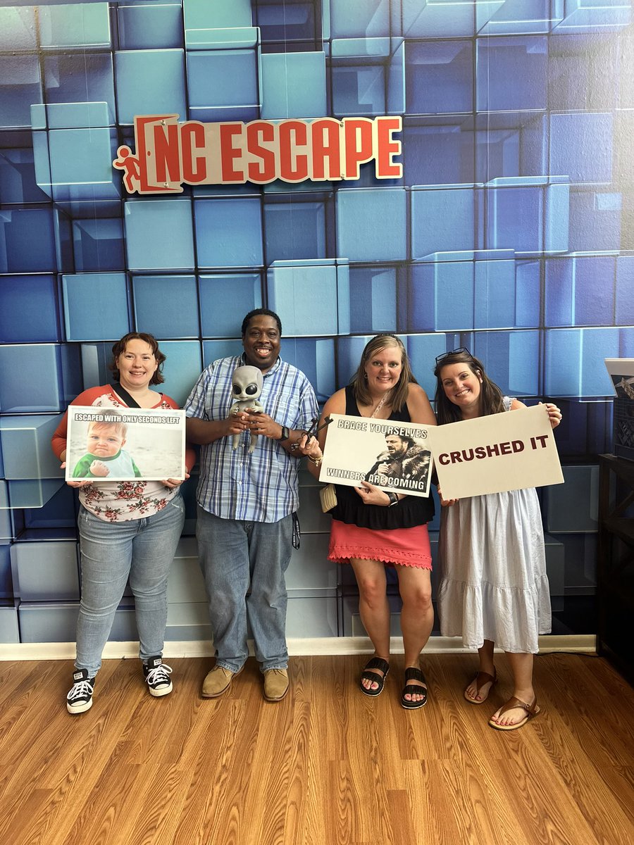 I_educate_'s tweet photo. NC Escape Room with this wonderful admin team. Great team building activity. Soooo much fun! https://t.co/CFzqoD0C2N