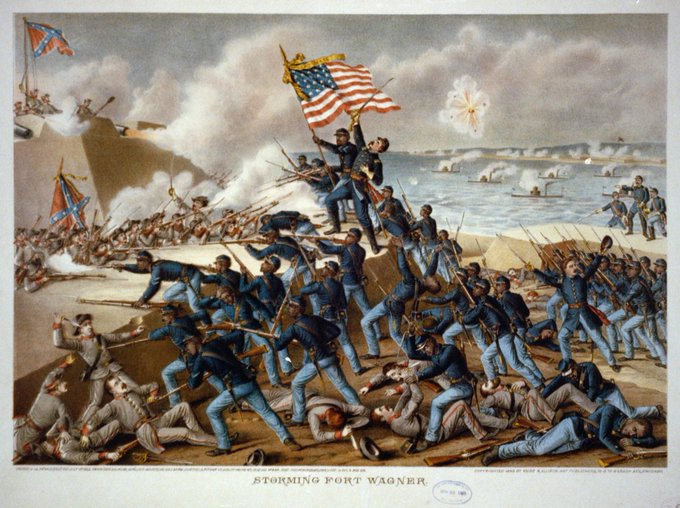MilHistNow's tweet photo. Today in 1863, the 54th Massachusetts Infantry storms the walls of Fort Wagner near Charleston, South Carolina. Despite failing to capture the objective, the unit's heroism proves the mettle of African-American troops, paving the way for the raising of even more Black regiments. https://t.co/u6bz99ArUA