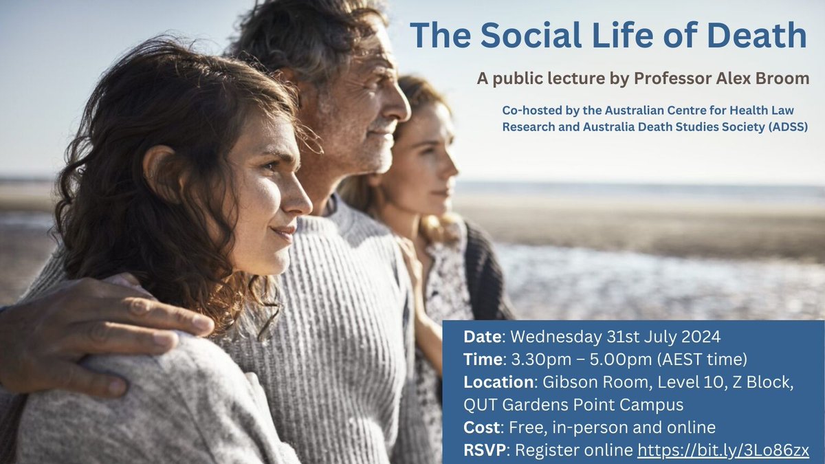 Coming up on 31 July 2024: a public lecture by <a href="/Sydney_CHS/">Sydney Centre for Healthy Societies</a> Director <a href="/BroomAlex/">Alex Broom</a>. Co-hosted by <a href="/HealthLawQUT/">Australian Centre for Health Law Research (ACHLR)</a> <a href="/AusDeath/">Australian Death Studies Society</a>, Prof Broom will discuss "The Social Life of Death", drawing on research with Australians reaching the end of life.
Register (F2F/online) bit.ly/3Lo86zx