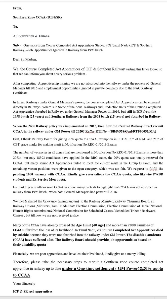 Praveen37199940's tweet photo. @RailMinIndia
We Need Justice for a Double Skilled Course Completed Act Apprentice!
-job opportunities ignored from 1998.बेरोजगार रेल अप्रेंटिस
-we need one time Settlement 
-20% quota to CCAA only.
-we are poor apprentices&amp; have lost our livelihood.kindly give us a mercy killing https://t.co/Yxi8Ukgfch