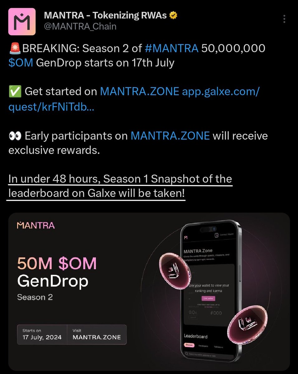 TRICKY DAO (@trickydao) on Twitter photo ‼️ <a href="/MANTRA_Chain/">MANTRA | Tokenizing RWAs</a> Season 1 Snapshot in 48 Hours!
📌 Action Required:
- Complete your last task and collect points.
- Ensure your wallet is connected on Mantra Zone and Hongbai.
Connect your wallet on there website for Airdrop (t.me/new_airdropss/…)
🚀 Heads Up:
- Season 2 ‼️ <a href="/MANTRA_Chain/">MANTRA | Tokenizing RWAs</a> Season 1 Snapshot in 48 Hours!
📌 Action Required:
- Complete your last task and collect points.
- Ensure your wallet is connected on Mantra Zone and Hongbai.
Connect your wallet on there website for Airdrop (t.me/new_airdropss/…)
🚀 Heads Up:
- Season 2