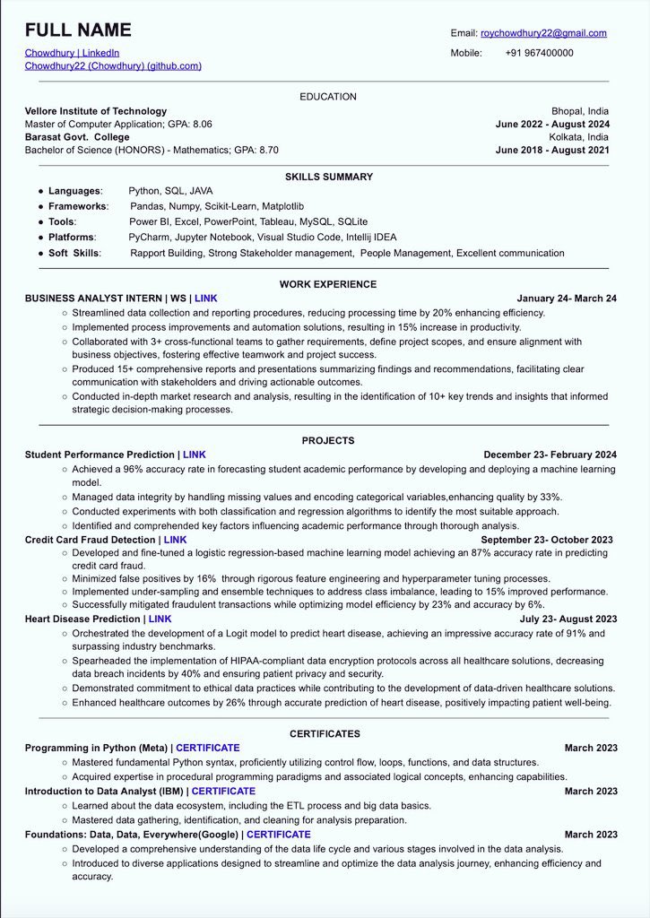 This Resume has an ATS score of more than 88🤯

This Resume helped many in getting an interview calls from companies like Google, Microsoft, Amazon, and many more. 💼

I have personally used this single-column resume in my job hunting and got amazing results

I am sharing the