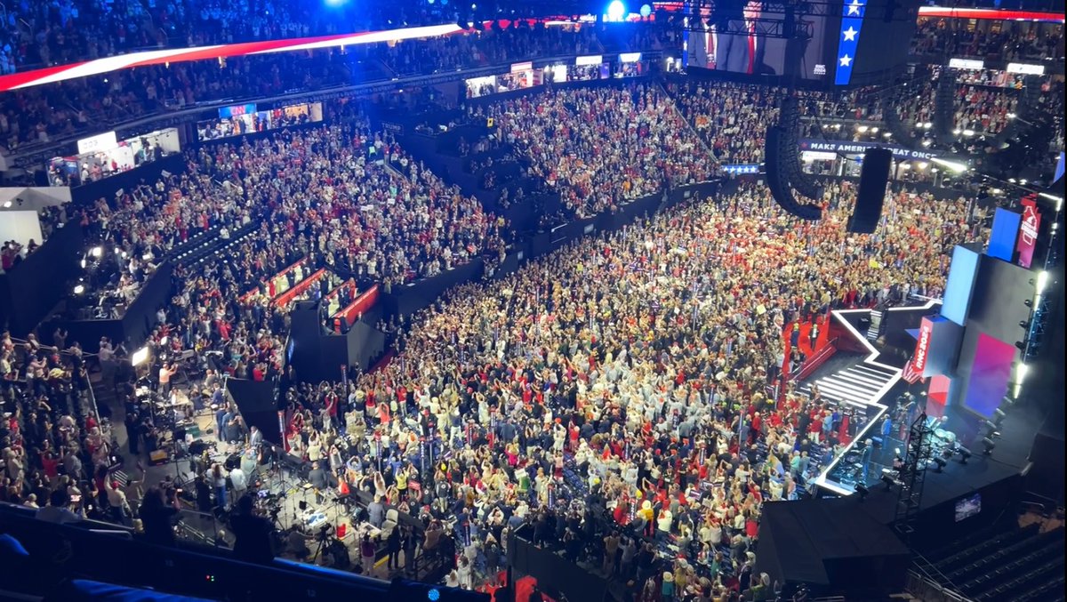 GOP convention delegates erupted in cheers when Trump entered the convention hall here in Milwaukee — two days after surviving an assassination attempt.