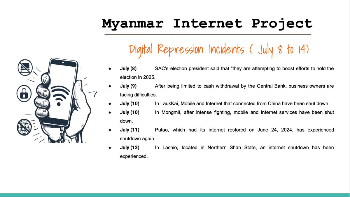 Myanmar_IP's tweet photo. Digital Repression Incidents in Myanmar ( July 8 to 14)
#FOE
#InternetShutDown
#Surveillance
#Digital_Repression
#WhatsHappeningInMyanmar
Full Report >>> https://t.co/vB4UrwWjbk https://t.co/WXeChaOh5S