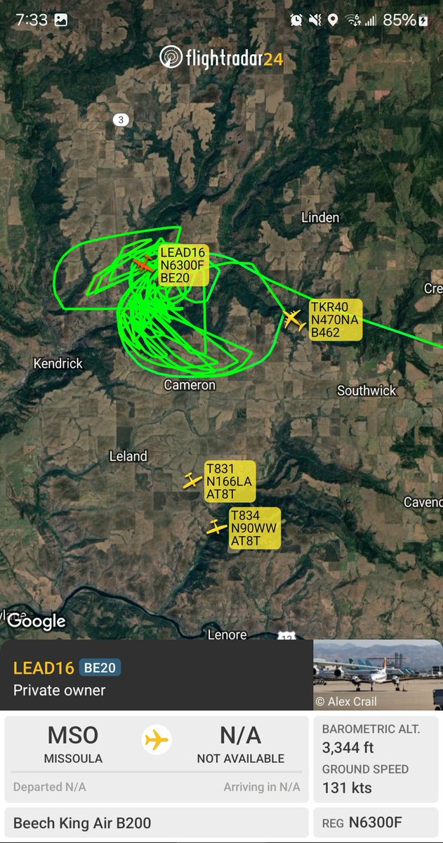 Borrowed7Time's tweet image. The #TexasFire in Kendrick ID has burned 150+ acres. Ground &amp;amp; air assets are at work including:

AT8T x2:
N90WW #A4EA6D TKR168
N166LA #A108F3 T831

B200 N6300F #A8401A LEAD16

BAe 146-200A x3:
N470NA #A5C247 TKR40
N416AC #A4EA6D TKR168
N464NA #A5D123 TKR02