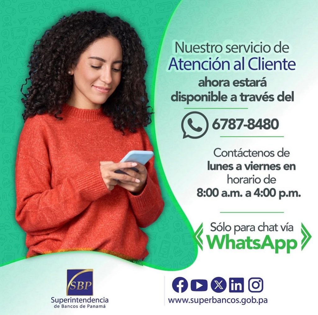 Superbancos_Pa's tweet photo. Conozca nuestra línea de WhatsApp para la atención de clientes bancarios. Contáctenos para consultas, citas, reclamos o educación financiera.
☎️ +507 6787-8480
#SBPteInforma https://t.co/Y0ZIDrqqbG