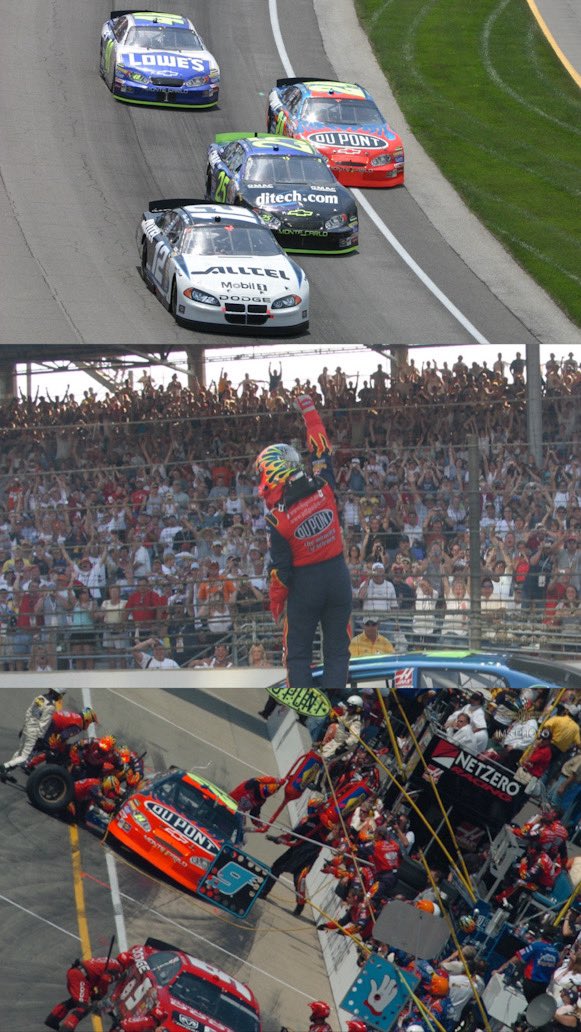 IMSMuseum's tweet photo. 2004 | Brickyard 400

20 years ago Jeff Gordon won his 4th Brickyard in just 10 years.  He held off the charging teammates of Dale Jarrett and Elliot Sadler in late race restarts to bring it home!  [click photos for more!]

#Brickyard400 | #NASCAR | #IMSMuseum https://t.co/XJVNhgzmEQ