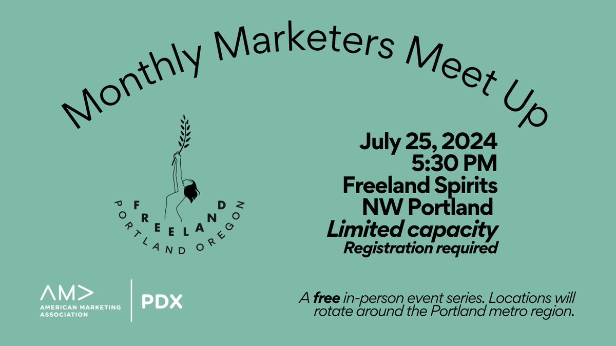Mingle with like-minded professionals during our Monthly Marketers Meet-Up on July 25 at <a href="/freelandspirits/">Freeland Spirits</a>. Secure your spot today! tinyurl.com/54cex3w8 

#AMAPDX #PDXEvents #Portland #CareerDevelopment
