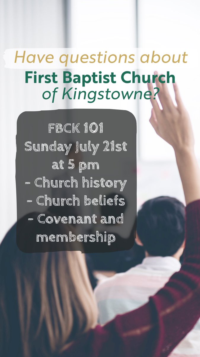 FB_Kingstowne's tweet photo. You are invited to Kingstowne 101 on Sunday, July 21 at 5:00pm where church history, beliefs, membership, etc. will be discussed. https://t.co/okjl9DO6jJ