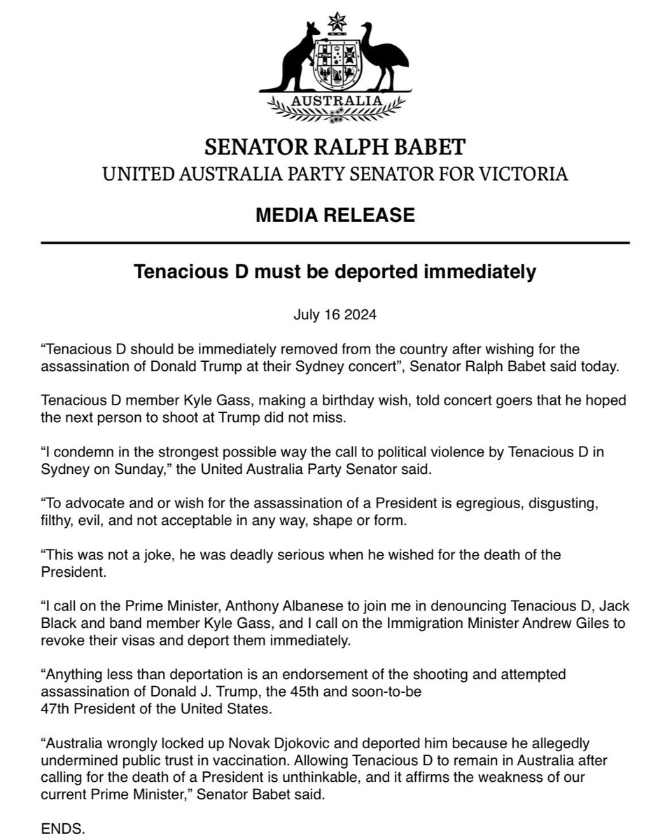 sentdefender's tweet image. Ralph Babet, a Australian Senator and Leader of the United Australia Party has requested the Immediate Deportation of the Rock Band Tenacious D, which features Jack Black and is currently on Tour in Australia, from the Country after one of the other Bandmembers, Kyle Gass said…