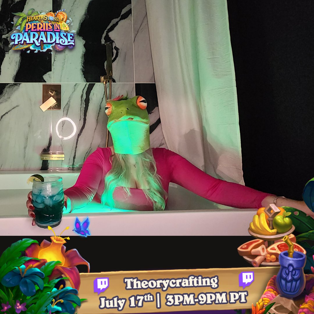 Smarms is in a bright pink swimsuit, sitting in a bathtub with a large, lifelike frog mask on. They are holding a tiki cocktail in one hand, complete with ice and a lime wedge. The background features a full bath and a greenish glow illuminating the scene (much like the card carefree cookie)