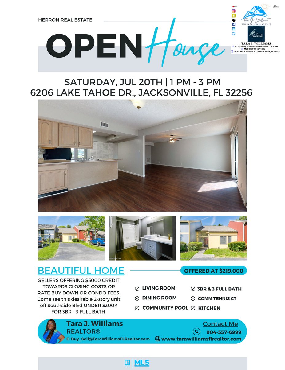 Welcome everyone! I pray everyone is doing well? Please accept my invitation to my OPEN🏡HOUSE This July 20th⏰SAT 1PM -3PM, located in the Baymeadows/Deerwood Condo community asking is under$300k IN Southside beaut. Come see &amp; make an offer.📍6206 LAKE TAHOA DR,  JAX, FL 32256