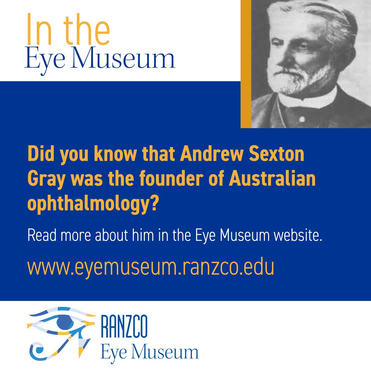 RANZCOeyedoctor's tweet photo. RANZCO's #EyeMuseum brings the history of the College and recent #ophthalmology exhibitions right to you! 🔎👁️
Read about the founder of Australian ophthalmology, Andrew Sexton Grey, and many more, In the Eye Museum today: https://t.co/W4hgujjeVK
@ASOeyesurgeon https://t.co/CC1OSLMtQm