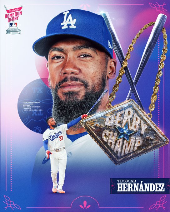 parkerandtheman's tweet photo. What a FINISH to the 2024 #HomeRunDerby in Arlington!  Teoscar Hernandez #Dodgers wins it but Bobby Witt, Jr. #Royals gave it a RIDE.  14-13 Teo.  #BobbyBombs missed tying by a foot or two.  Hernandez is the FIRST Los Angeles Dodger to take HR Derby honors.  Hard to believe that! https://t.co/zKCmbRuJoN