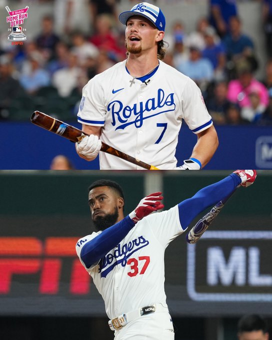 parkerandtheman's tweet photo. What a FINISH to the 2024 #HomeRunDerby in Arlington!  Teoscar Hernandez #Dodgers wins it but Bobby Witt, Jr. #Royals gave it a RIDE.  14-13 Teo.  #BobbyBombs missed tying by a foot or two.  Hernandez is the FIRST Los Angeles Dodger to take HR Derby honors.  Hard to believe that! https://t.co/zKCmbRuJoN