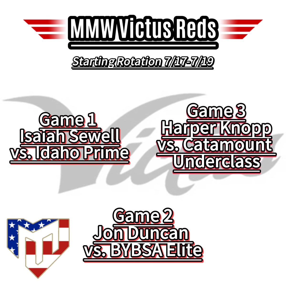 Reds Rotation 

Game 1 26’ - <a href="/isaiah_sewell15/">Isaiah Sewell</a> 
Game 2 26’ - <a href="/duncanjon89/">Jon Duncan</a>
Game 3 25’ - <a href="/harperknopp2025/">Harper Knopp</a> 

Pool play schedule - baseball.exposureevents.com/221388/pathway…