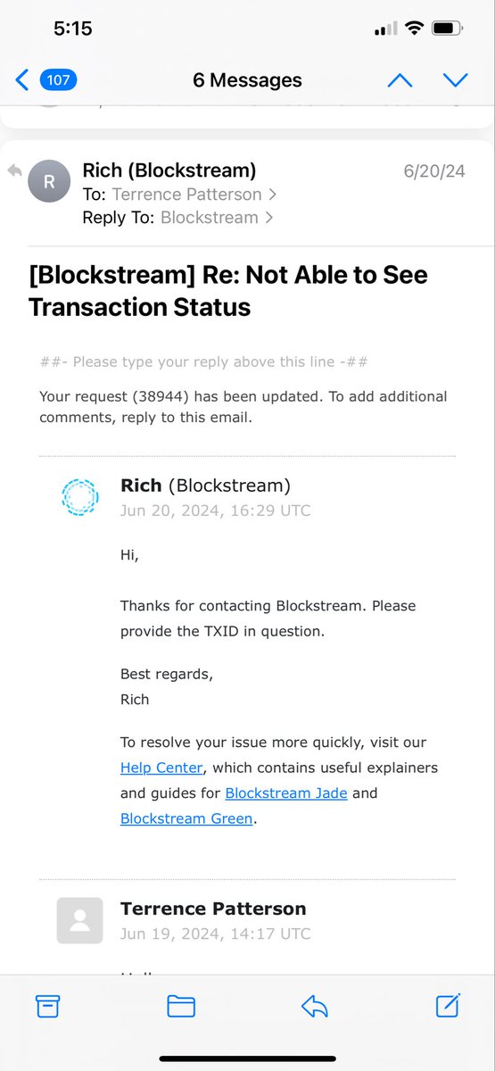 TerrencePatte11's tweet photo. Hi Luke @LukeMikic21 
I cannot reach support at Blockstream after responding after responding to this email! What’s happening over there? https://t.co/B7unHi2RMs