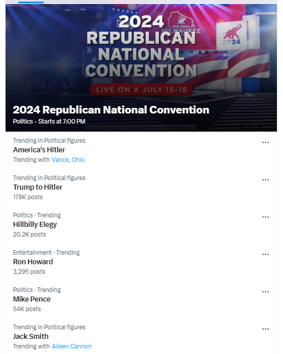 RWwatchMA's tweet photo. Rough start for America's Hitler in Milwaukee.
Trump to Hitler Hillbilly Elegy Ron Howard Mike Pence #RNCConvention #RNC2024 #RNC #RNCLIVE #rncmke #RNCConvention2024 #RNCMilwaukee #mapoli #nhpolitics #papolitics #wiunion #wipolitics https://t.co/EBzXcOXhYO