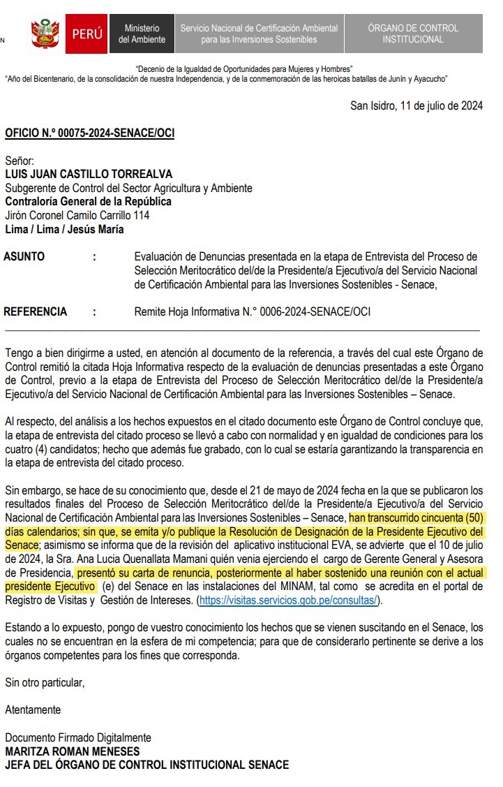📍#LoÚltimo El Órgano de Control Institucional (OCI) del <a href="/SenacePeru/">Senace</a> informó que pasaron más de 50 días desde el fin del proceso meritocrático de selección del presidente de la entidad, pero aún no se emite la designación de su titular. 🧵
✍️Red regional /<a href="/fiomontano/">Fiorella Montaño Pastrana</a>