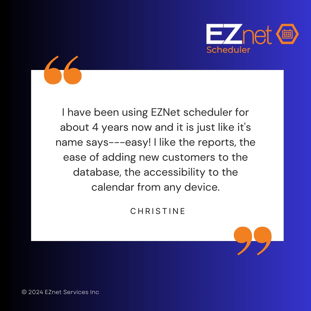 Scheduler_EZnet's tweet image. Discover why our clients love EZNet Scheduler for its simplicity and powerful features! 📅✨

Schedule your FREE demo here: eznetscheduler.com/Calendar/EZnet…

#CustomerReview #Efficiency #EZnetScheduler