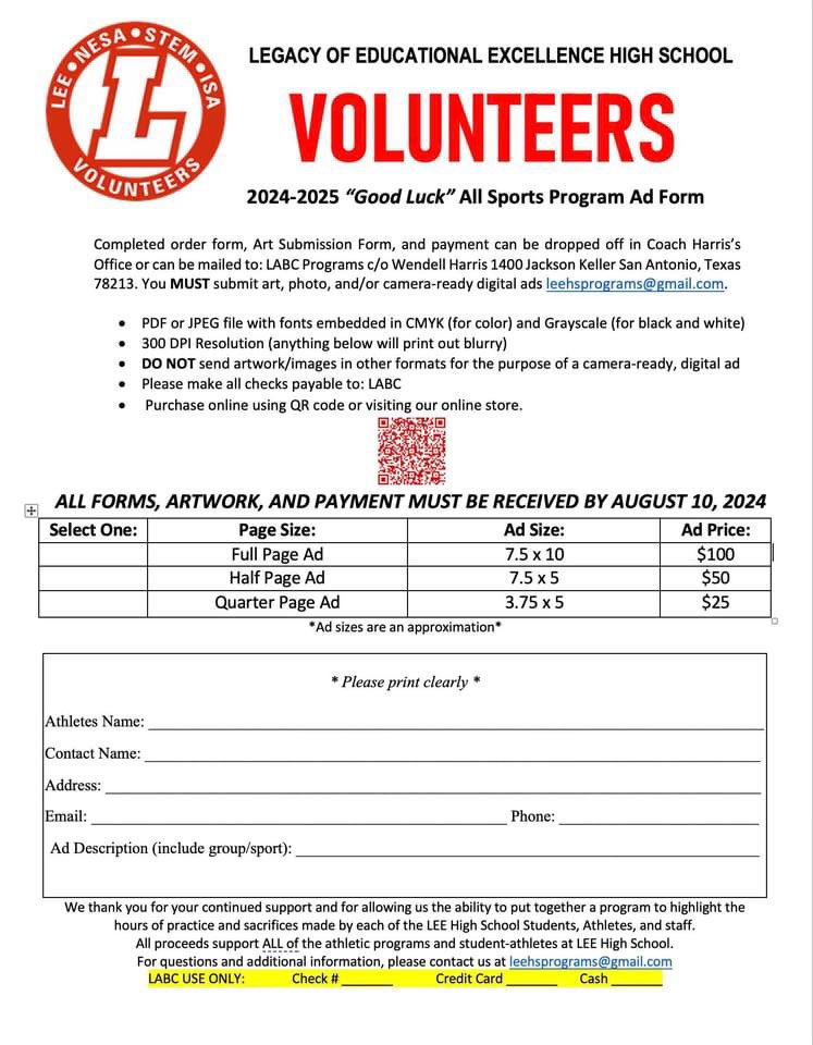 LEE Athletics Booster Club (@leevolsbooster) on Twitter photo It's that time of year again .... If you want to wish your athletes luck for the upcoming season visit our online store to purchase your ad for the 24-25 season or turn in completed forms to <a href="/coachwharris/">Wendell Harris, M.S.</a> . Please submit all digital artwork to leehsprograms@gmail.com It's that time of year again .... If you want to wish your athletes luck for the upcoming season visit our online store to purchase your ad for the 24-25 season or turn in completed forms to <a href="/coachwharris/">Wendell Harris, M.S.</a> . Please submit all digital artwork to leehsprograms@gmail.com
