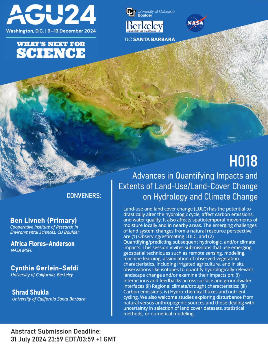 #AGU24 Session on Impacts of LCC on Hydrology and Climate

Submit your abstract by July 31! 

More details: agu.confex.com/agu/agu24/prel…
