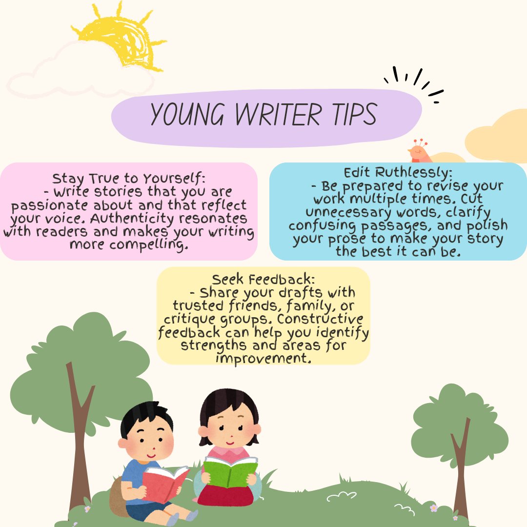 KarisaMWrites's tweet photo. ✨ Writing Tips for Young Writers ✨

1. Stay True to Yourself:
   
2. Edit Ruthlessly:
    
3.  Seek Feedback:

Happy writing! ✍️✨ #WritingTips #YoungWriters #AmWriting https://t.co/KTbtaYtvaJ