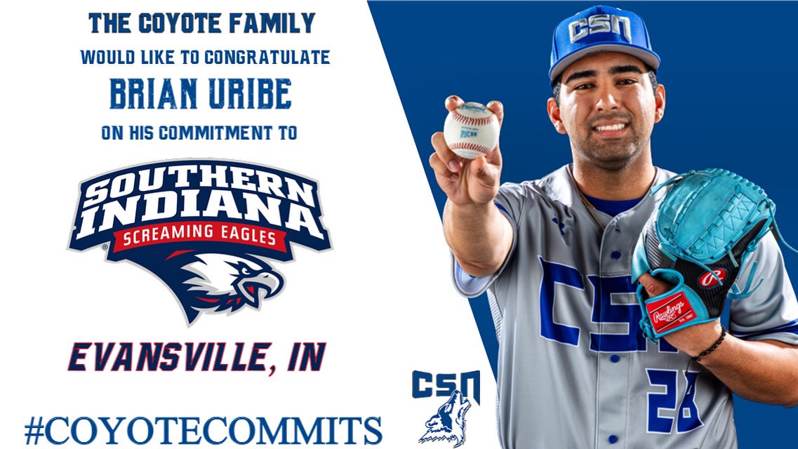The Coyote Family is excited to congratulate Brian Uribe on his commitment to continue his academic and athletic career with the University of Southern Indiana in Evansville, IN.
🐺⚾️➡️🦅⚾️ #USIBaseball #ScreaglePride  #CoyoteCommits