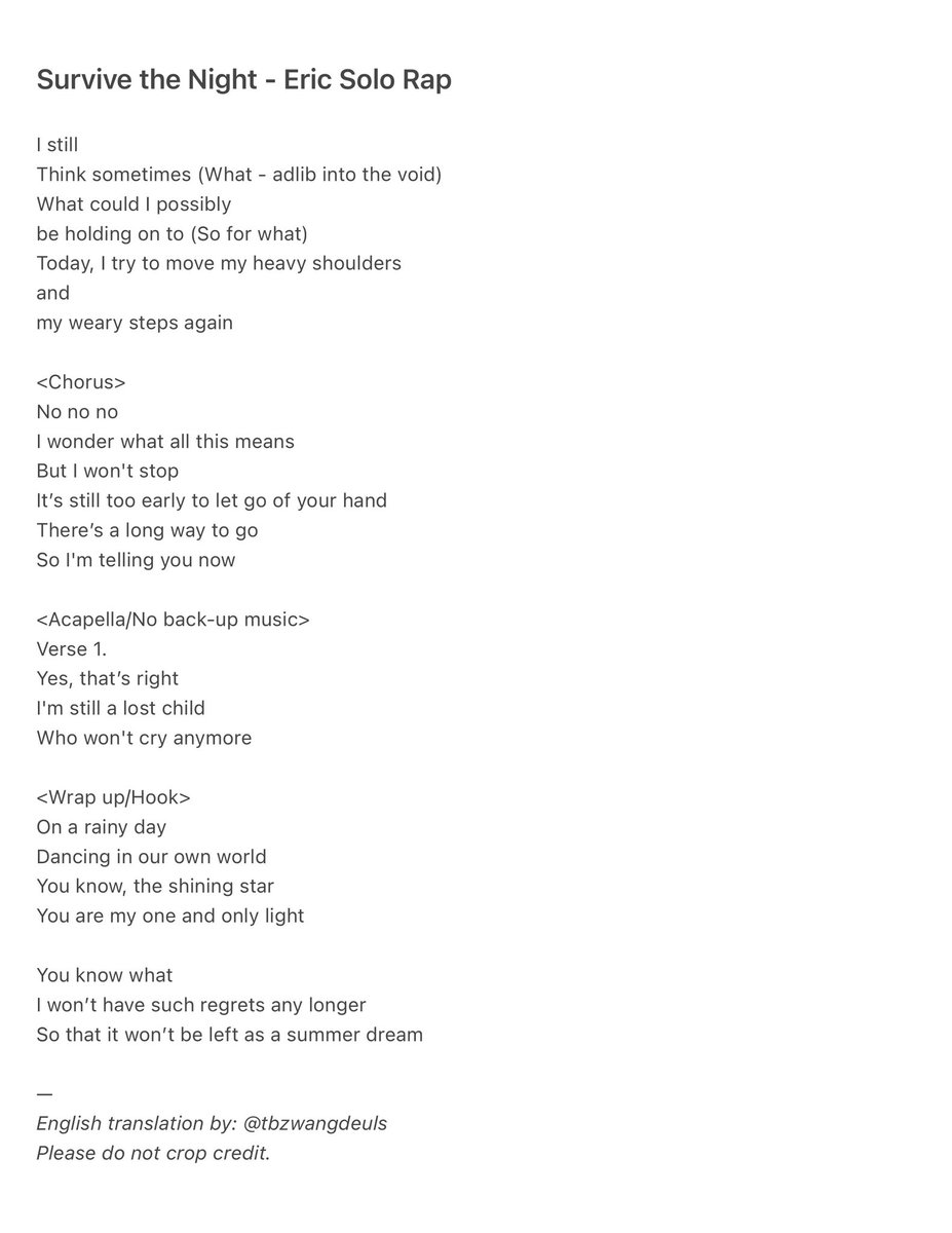 SURVIVE THE NIGHT - Eric Rap Solo

• English translation by <a href="/tbzwangdeuls/">친✨</a>
• Please do not crop credit

#ERIC #에릭 #더보이즈 #THEBOYZ