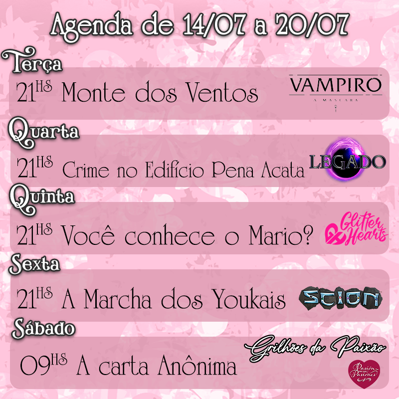 tophatpub's tweet photo. Olá meus queridos!

Boa noite!

Saindo a nossa agenda dessa semana para vocês acompanharem nossas aventuras ^_^
Aproveitando pra avisar que na mesa de Pasion desse sábado ainda temos 3 vaguinhas, quem estiver interessado, só mandar msg. ^_^ https://t.co/HMld2UzOqL