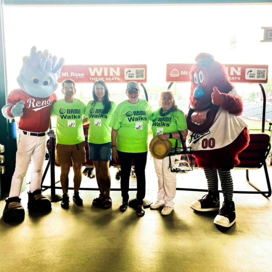NAMI_Nv's tweet image. Thank you to everyone who came out to support NAMI Nevada at the @Aces game this weekend! We met the mascots and had a great time raising awareness for mental health in Nevada. ⚾️💚 #baseballforacause