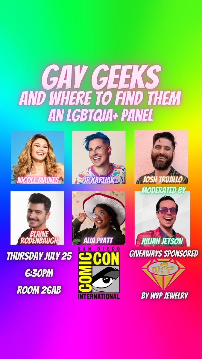 Julian_Jetson's tweet photo. 🚨✨UPDATE!✨🚨
The Gay Geeks And Where To Find Them panel is returning to @Comic_Con !
Thursday , July 25th in room 26AB at 6:30pm!
With @NicoleAMaines @jpkarliak @losthiskeysman @BlainerThings and @magicalblkalia w/ giveaways from our sponsor @WYPJewelry https://t.co/5oMNbO1pvs