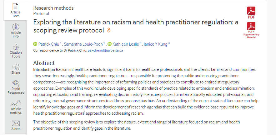 Health practitioner regulators play a key role in creating antiracist healthcare systems. Our review will explore the state of the literature and identify areas of research that can generate evidence to support regulatory decision-making. 
bmjopen.bmj.com/content/14/7/e…