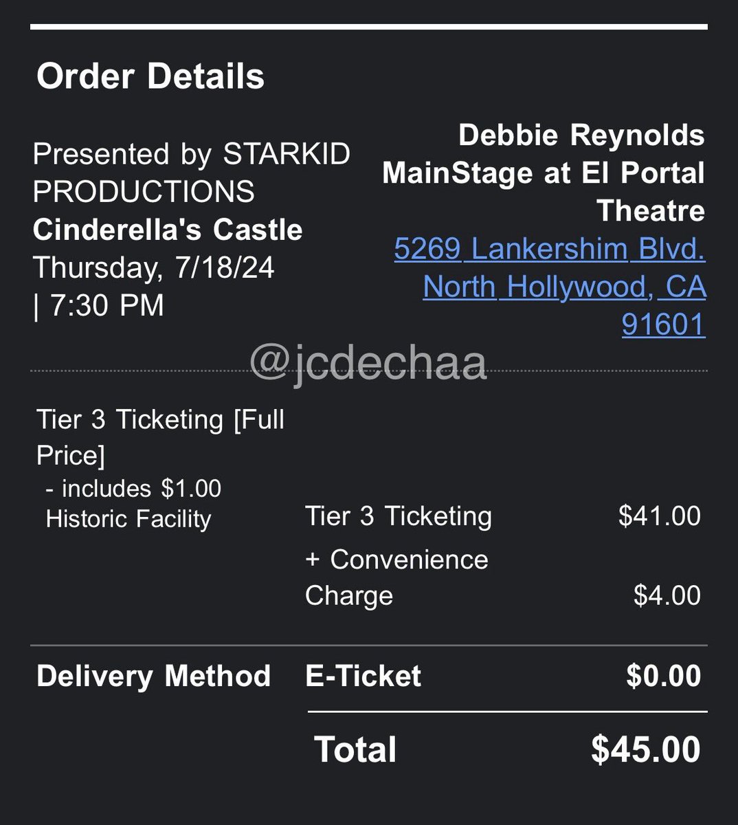 jcdechaa's tweet photo. WTS Want to Sell

Starkid “Cinderella’s Castle” live show, El Portal Theatre, Los Angeles CA

🎟️ 1 ticket
🎟️ Thursday 7/18/24 7:30pm Opening Night
🎟️ Tier 3 seating 
🎟️ asking for full price $45.00

(I sadly can’t go anymore bc of a work conflict 😞) https://t.co/V5lvxcFgsV