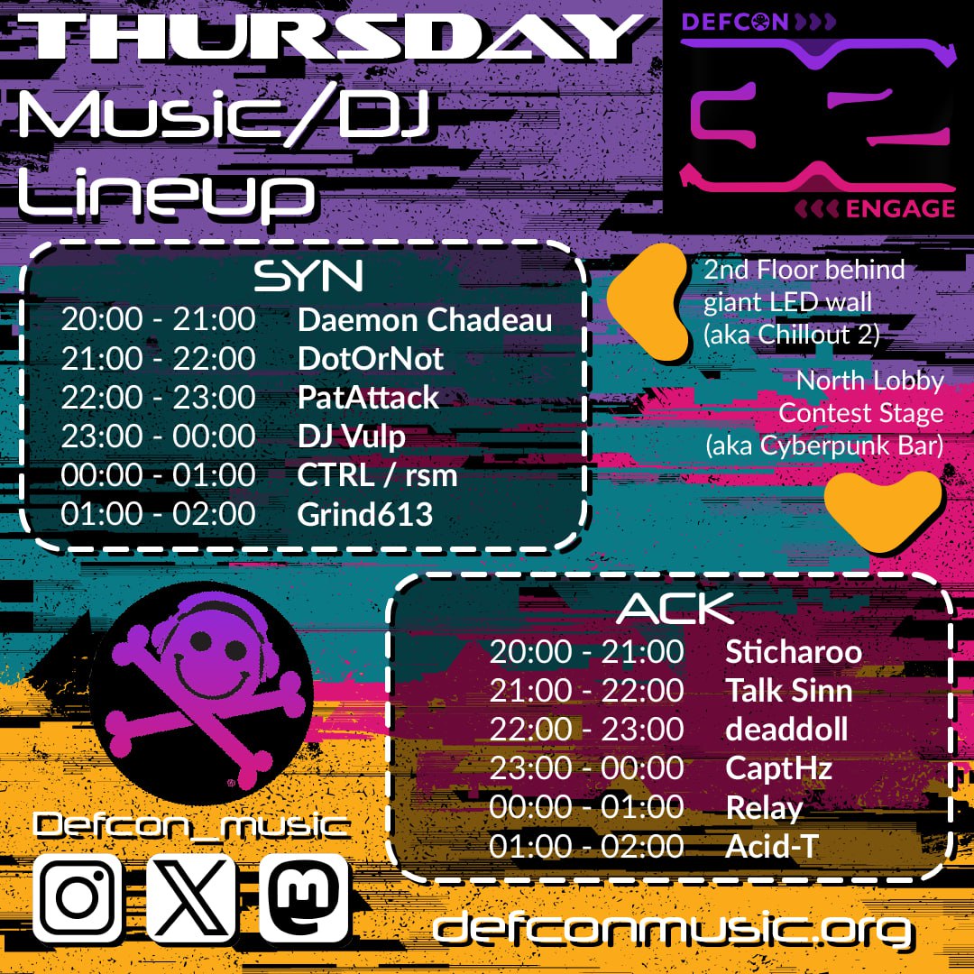Introducing the Thursday Entertainment lineup for #DEFCON 32! Can't wait to hear and see all these awesome artists! More flyers to come in the days ahead! 

Defconmusic.org for more details soon!

#defcon32 #dc32 <a href="/defcon/">DEF CON</a> <a href="/dcparrot/">Dana Chambers</a> #hackers #dj #lasvegas  #producer