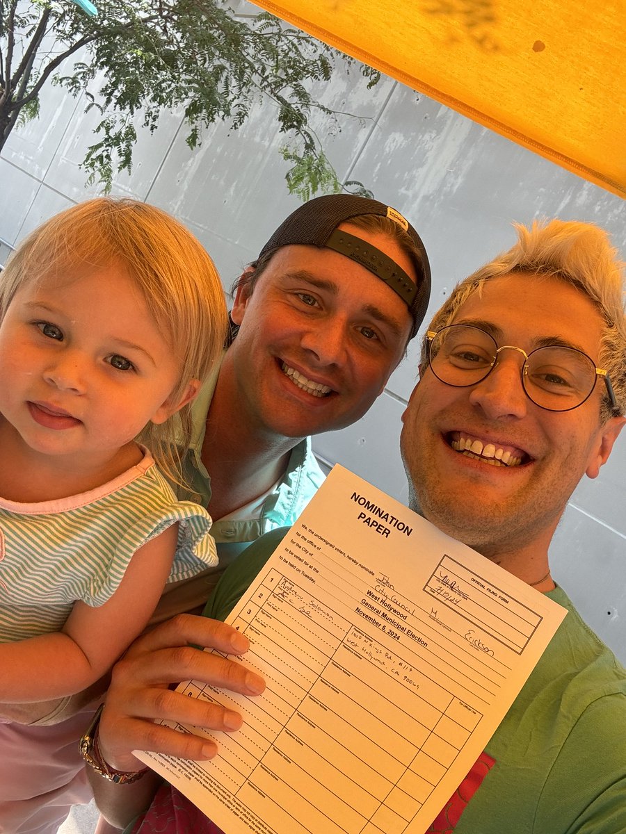 JohnEricksonWH's tweet photo. Today we pulled official nomination papers to run for reelection to the #WeHo City Council! It’s been an honor to serve our incredible city. 

I was glad that Silver (who was born on @WeHoCity’s birthday) could be there to witness my first signature! 🖊️📋

112 days to go! 🗳️ https://t.co/TWu5CTDvoS