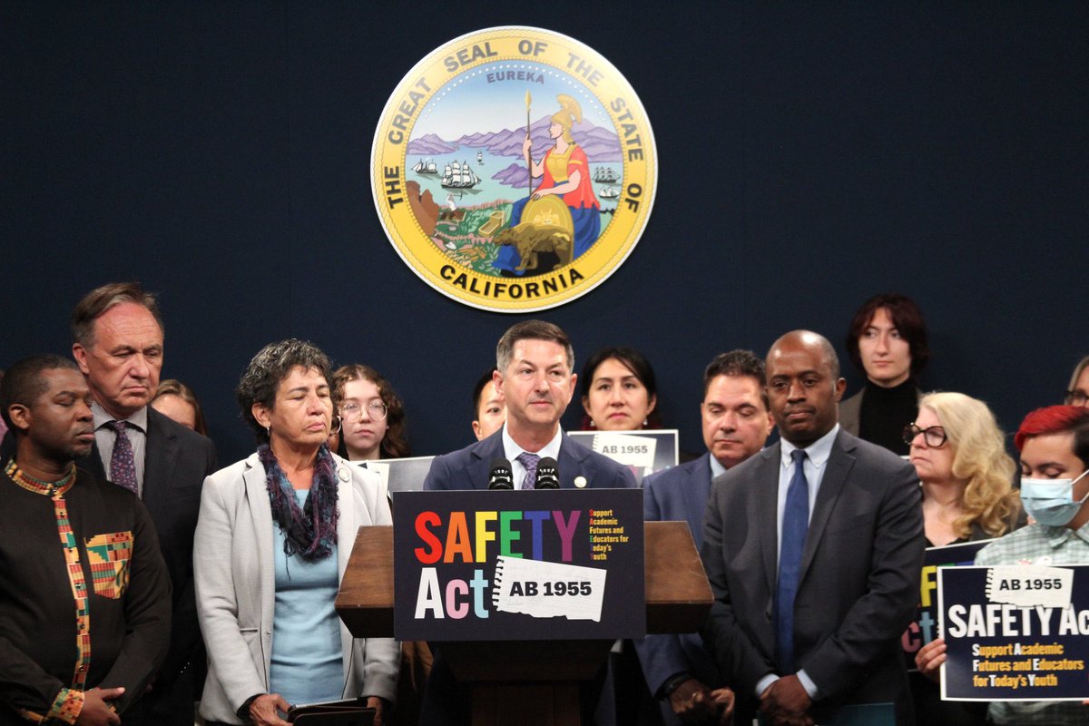 calgbt's tweet photo. Thank you @CAgovernor for signing our #1 priority bill #AB1955, SAFETY Act, into law. This ensures we are protecting LGBTQ+ students from forced outings and supporting families in working on family acceptance on their own terms. 🏳️‍🌈🏳️‍⚧️ 

Press Release:
https://t.co/ziVsjzX08x https://t.co/tlX0sSaeq4