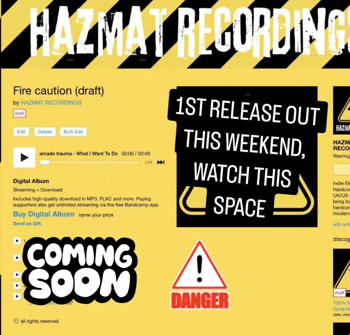 HAZMATRECS's tweet photo. Big news!!

Our first ever release is happening THIS WEEKEND!! We got our main roster + 1 special guest for a track. Expect some heavy gabber kicks and absolutely floor stompers with this one 🔊🔊 https://t.co/cTd6GVcpWA