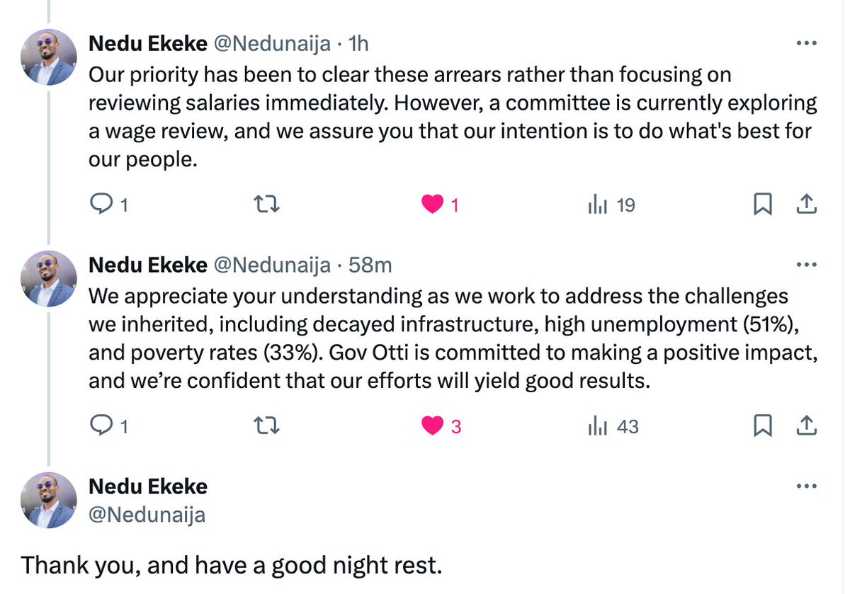 winexviv's tweet photo. Nedu Naija who is Abia State Deputy Chief of Staff has attempted to clarify that they are working on something for Education in Abia State. I will accept it in good faith and revisit this matter in a few months. Hopefully with results available.  

The SSA to Enugu State, Ebonyi State , Delta State  and Anambra State government should consider enrolling for a 7-week intensive media training course with Nedu as their instructor.  

Always remember as a public servant, you still answer to the public. Your salary comes from our hard earned taxes.
